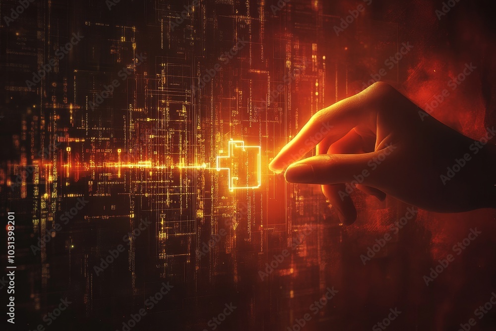 Poster a hand reaches out to a glowing data folder icon on a futuristic background, representing secure dat