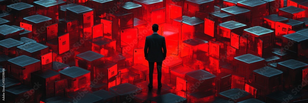 Poster a lone hacker stands amidst a labyrinth of red glowing cubes, symbolizing the digital world's comple