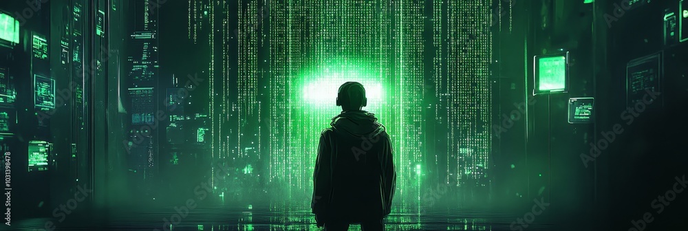 Aufkleber a lone hacker stands in a dark room facing a wall of encrypted data, symbolizing the challenges and 