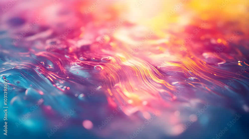 Poster abstract colorful fluid patterns with bubbles and light reflections.
