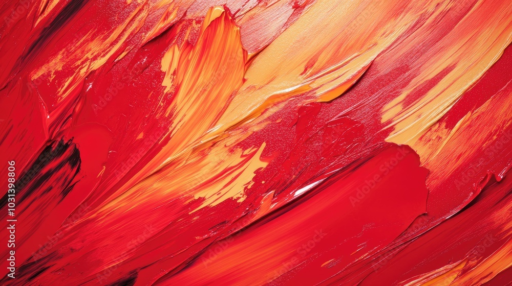 Poster bold red abstract backdrop with energetic brushstrokes and vivid patterns creating a dynamic and mod