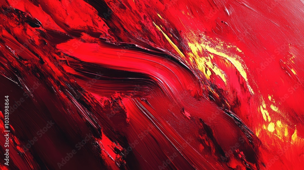 Poster bold red abstract backdrop with energetic brushstrokes and vivid patterns creating a dynamic and mod