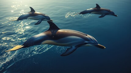 Three dolphins swimming gracefully in serene ocean waters.