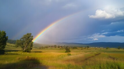 Bright Rainbow Over a Peaceful Landscape