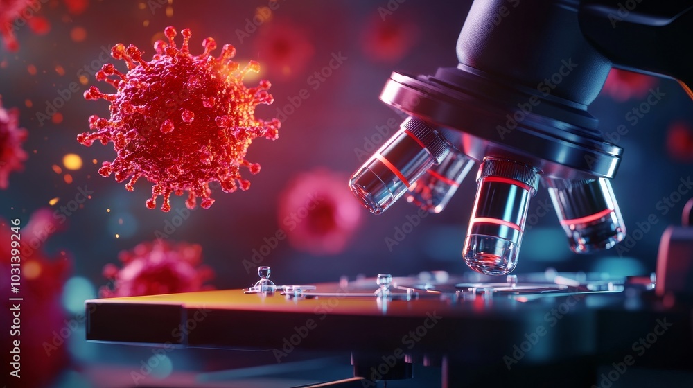 Poster a powerful microscope focuses on virus particles, revealing their intricate structure. this image sy