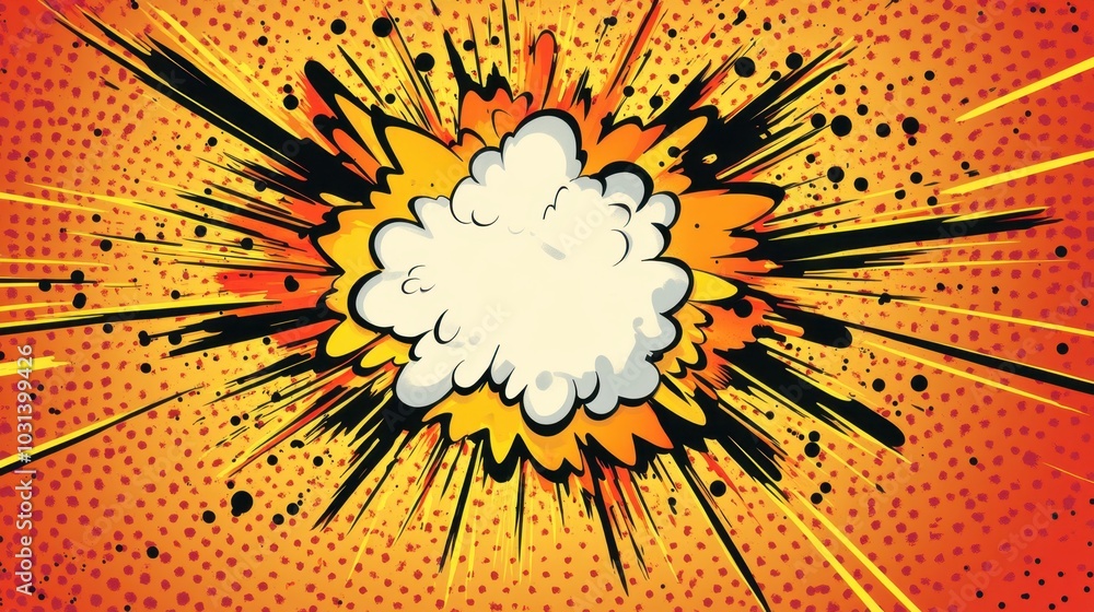 Poster energetic starburst background in orange and yellow, enhanced with halftone patterns for a bold and 