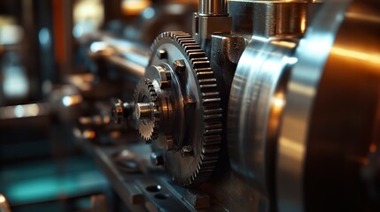 Close-up of industrial factory machinery operating at full capacity, with gears turning and pistons moving