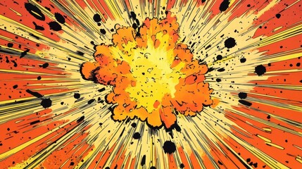 Energetic starburst background in orange and yellow, enhanced with halftone patterns for a bold and dynamic comic effect.