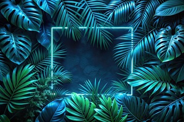 luminous tropics neon blue light frame embracing green tropical leaves on dark background Aerial
