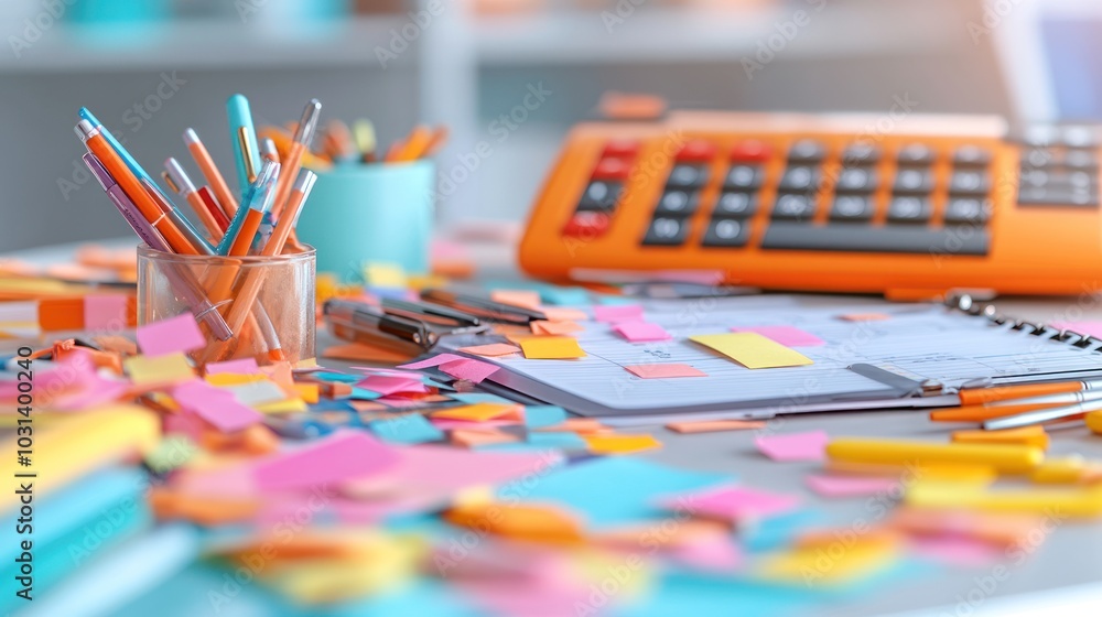 Poster a cluttered workspace with stationery and a calculator.