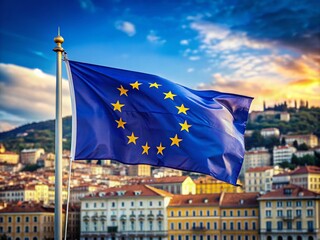 European Flag Waving in Trieste with Bokeh Effect, Capturing Italy's Charm and Patriotism