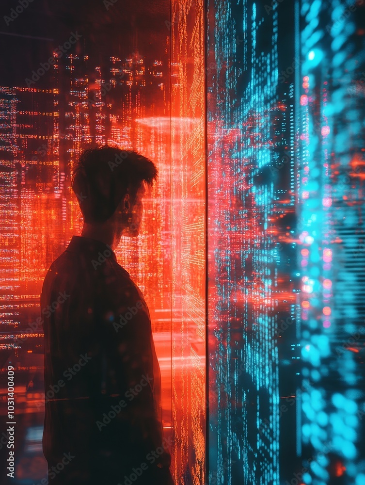 Poster a solitary figure stands before a futuristic digital mirror, reflecting a world of data and code, re