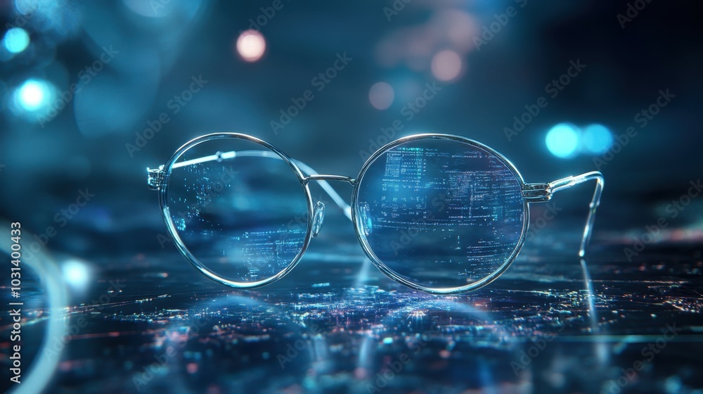 Poster futuristic glasses surrounded by holographic technology, with data and 3d elements floating in the b