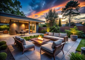 Fototapeta premium Evening Suburban Midcentury Modern Home with Cozy Outdoor Seating and Fire Table