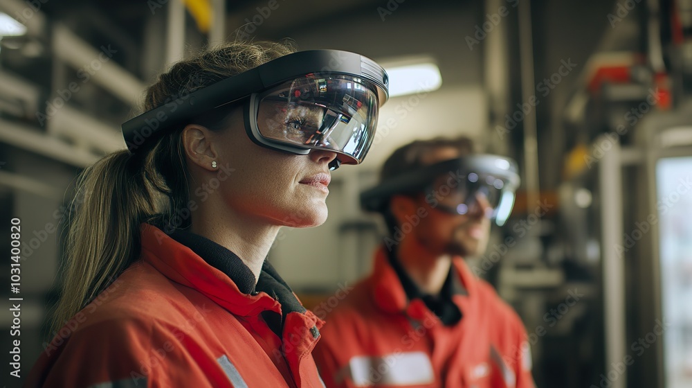 Poster factory workers using augmented reality glasses for hands-on training, learning to operate complex m