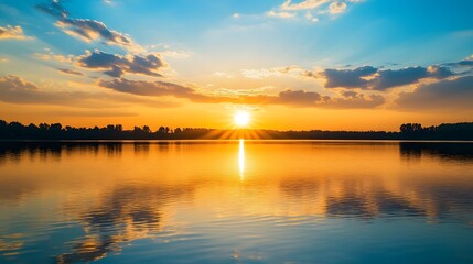 Golden Sunset Reflection Over Calm Lake