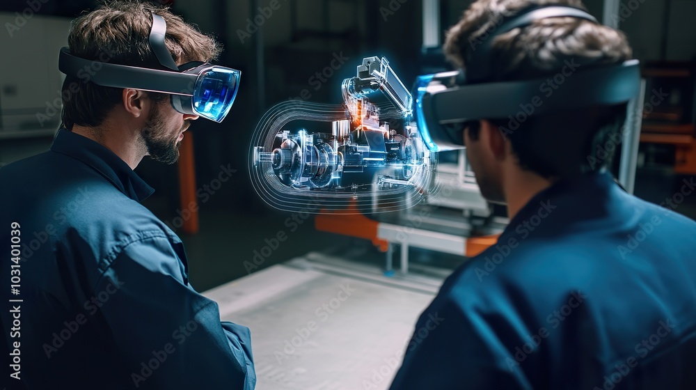Aufkleber factory workers using augmented reality glasses for hands-on training, learning to operate complex m