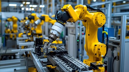 Robotic arms working seamlessly on an automated assembly line in a modern factory, improving efficiency and productivity