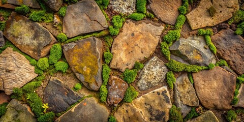 A textured surface of irregularly shaped stones, their rough edges softened by a velvety carpet of moss.