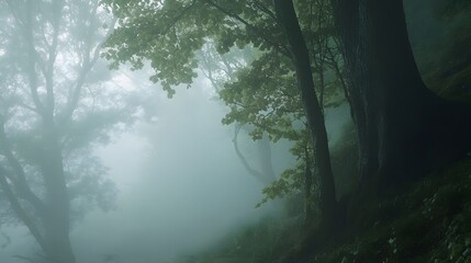 Morning Mist Over Ancient Forest Landscape