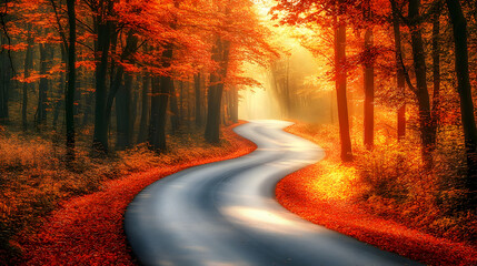 Obraz premium Serene winding road through vibrant autumn forest.