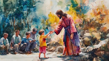 Jesus interacting with children in a vibrant watercolor scene