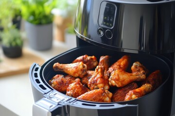 Chicken wings and legs, with some coated in sauce inside air fryer
