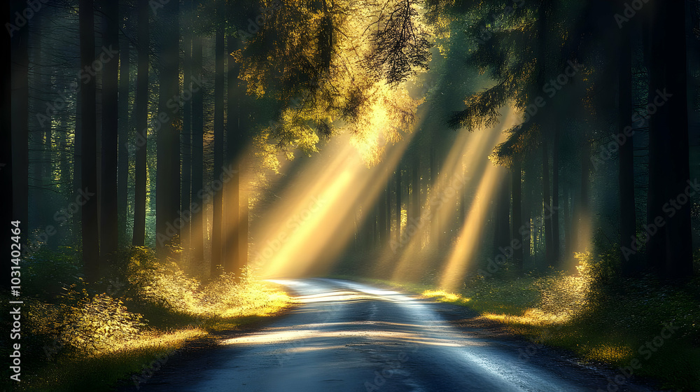 Canvas Prints Sunlight filters through trees on a winding forest road.