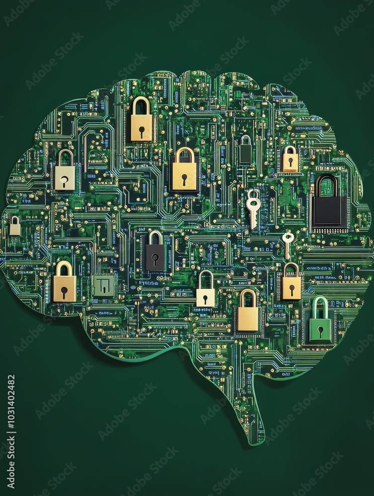 Aufkleber an abstract visual of a human brain made of circuitry, with multiple locks symbolizing cyber securit