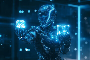 An AI assistant glows in blue light as it securely holds two glowing blue cubes, representing data, technology, and the future of artificial intelligence.