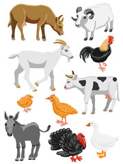 vector drawing set of farm animals and birds, livestock and poultry isolated at white background, hand drawn illustration