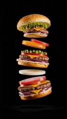 Three Stacked Burgers Floating in Food Advertising Photograph