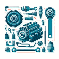 A blue and orange drawing of a car engine with many parts