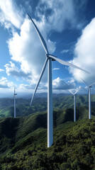 Wind turbines on green hills under blue sky