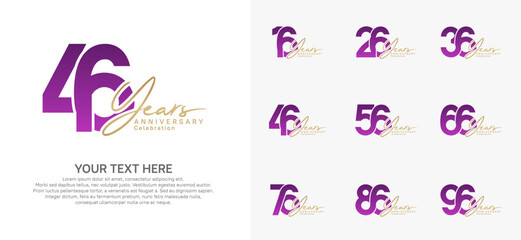 Anniversary logo set vector design, purple and gold for celebration event