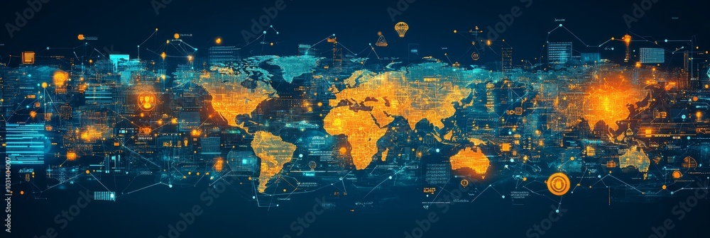 Poster global business support services: connecting the world with technology, featuring a world map with d