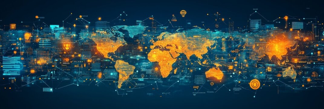Fototapeta Global Business Support Services: Connecting the World with Technology, featuring a world map with data visualizations representing interconnectedness, communication, innovation, growth, and global re