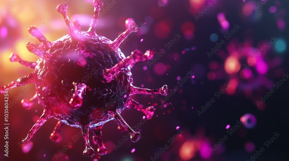Aufkleber microscopic view of a colorful virus particle floating in a dark background, highlighting the intric