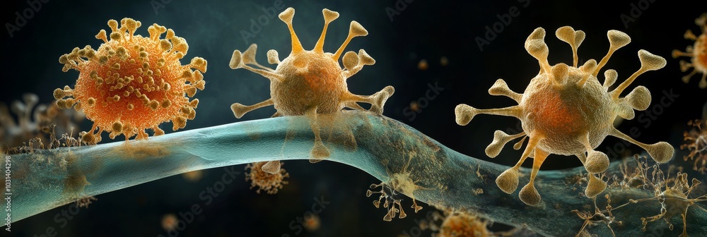 Poster microscopic view of coronavirus displaying structure, highlighting its spikes and the surrounding en