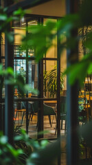 minimalistic conference room with modern decor and green plants