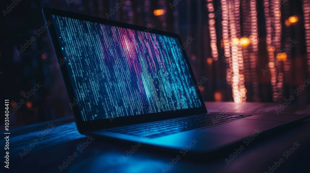 Aufkleber privacy mode: protecting your digital footprint. a laptop with a screen displaying abstract digital 