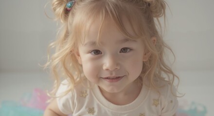 Fototapeta premium MinJi - Cheerful Child with Flower in Hair and Gentle Smile