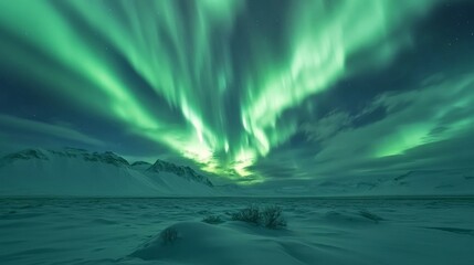 Fototapeta premium Stunning aurora borealis, also known as the Northern Lights, dance across the night sky in a magnificent display over a snowy mountain landscape in Iceland, creating a captivating spectacle of nature'