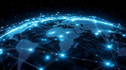 Obraz premium A glowing earth with intricate digital lines connecting continents, showcasing global communication networks, set against a dark background.