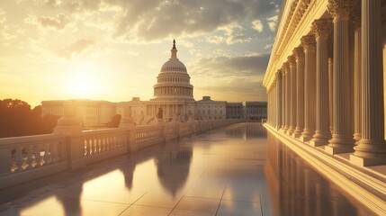 The United States Capitol Building bathed in the golden light of sunrise, reflecting on the pristine marble floor.  The iconic dome, columns, and architecture showcase the grandeur of American democra