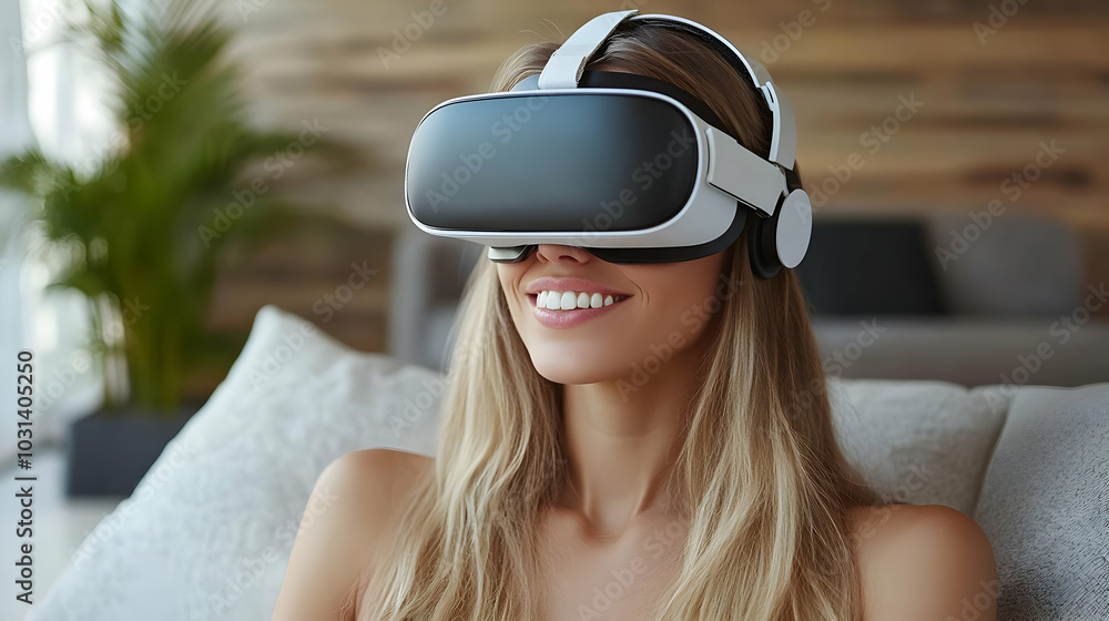 Poster Woman enjoying virtual reality experience with headset on.