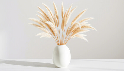A stunning arrangement of pampas grass beautifully displayed in a sleek white vase. The image showcases minimalist decor with calming neutral tones, ideal for modern interiors and tranquil environment