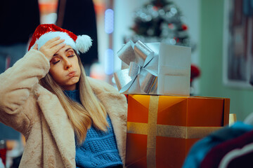 Stressed Christmas Woman Shopping in Fashion Store. Customer feeling overwhelmed by last minute...