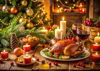 Festive Christmas Candlelight Dinner with Traditional Holiday Food and Decorations