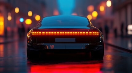 luxury electric sedan in city at night